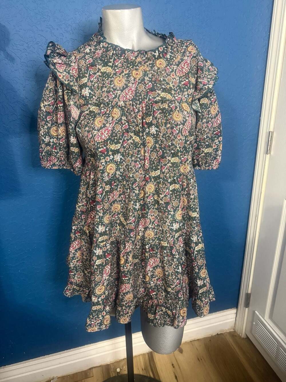 Jodifl Green Paisley Floral Tiered Babydoll Mini Dress Ruffle Boho